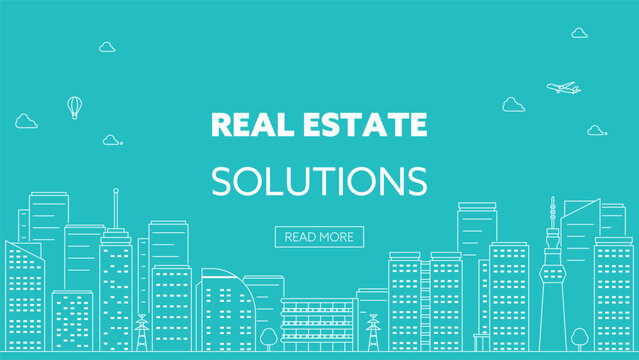オフィスビルの線画で飾られた不動産の広告背景テンプレート（青）　Real estate ad background template featuring line art of office buildings (blue)