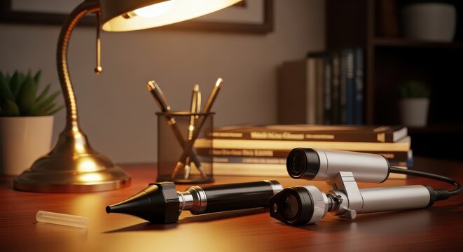 Medical Otoscope Diagnostic Instruments on Desk with Desk Lamp and Books, Healthcare Examination Tools