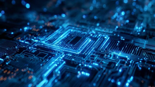 Close-up of a computer chip with blue lights on it