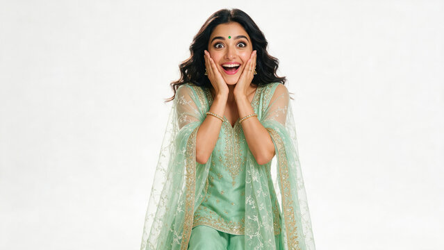 young indian woman standing with surprise expression on white background