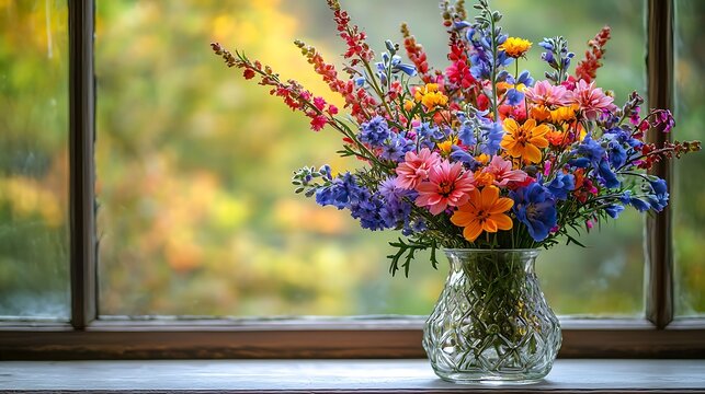 Colorful wildflowers vase autumn windowsill garden view