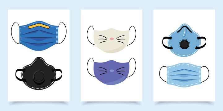 Set of medical face mask cards with N95 respirators surgical masks and cute animal face cloth masks isolated on white background.