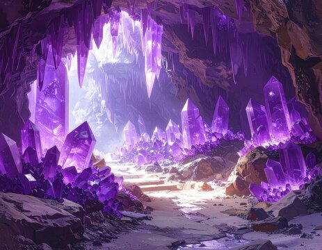 Illuminated purple crystals fill a cave, casting ethereal light on a rocky path
