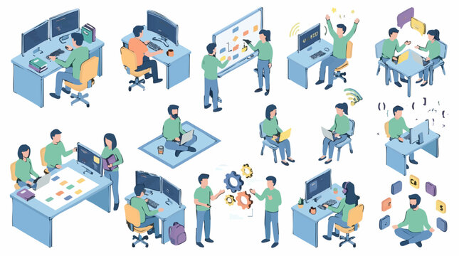Isometric illustrations of software development, programming, and teamwork
