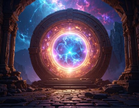 Ancient stone archway frames glowing portal to cosmic nebula, stars, and distant mountains