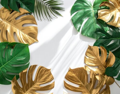 Luxurious tropical leaves, half green, half metallic gold, arranged on white