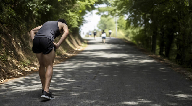 Exhausted Runner Resting on Tree-Lined Park Road