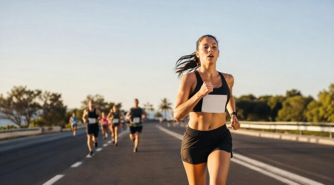 Woman Leading Marathon Race on Open Road at Sunrise