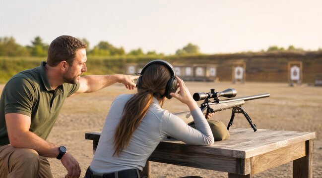 Instructor Teaching Woman to Shoot Rifle at Outdoor Range