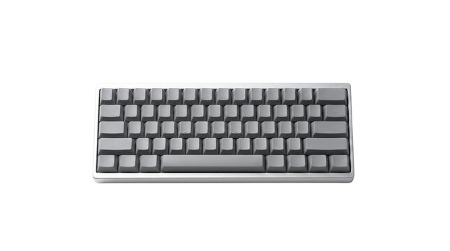 Minimalist mechanical keyboard with blank grey keycaps, compact 40 percent layout computer peripheral, sleek aluminum gaming keyboard for workspace isolated PNG with Transparent Background