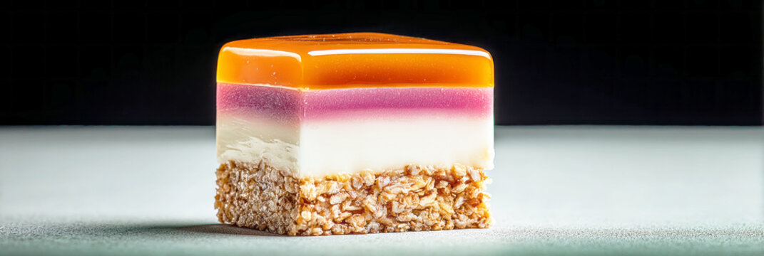 A three-layer pie is presented with clear layers of caramel, vanilla cream, and assorted fruits on top. The setting has a plain background, making the pie stand out