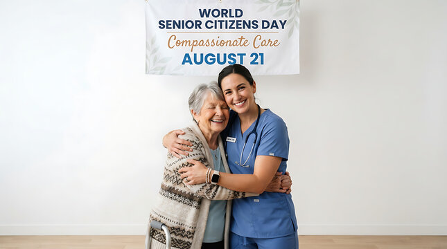 "WORLD SENIOR CITIZENS DAY Compassionate Care AUGUST 21" in dark blue and orange fonts.