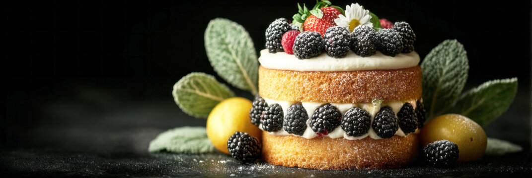A cake with two visible layers features soft sponge and fresh fruits. Berries and herbs rest on top, adding color and texture. The scene is set in a kitchen with low light