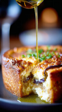 Eggplant and tomato pie with mozzarella served with olive oil at a local restaurant during dinner time