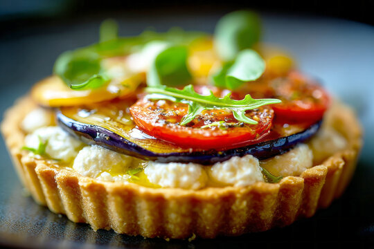 Eggplant and tomato pie with mozzarella served with olive oil at a local restaurant during dinner time