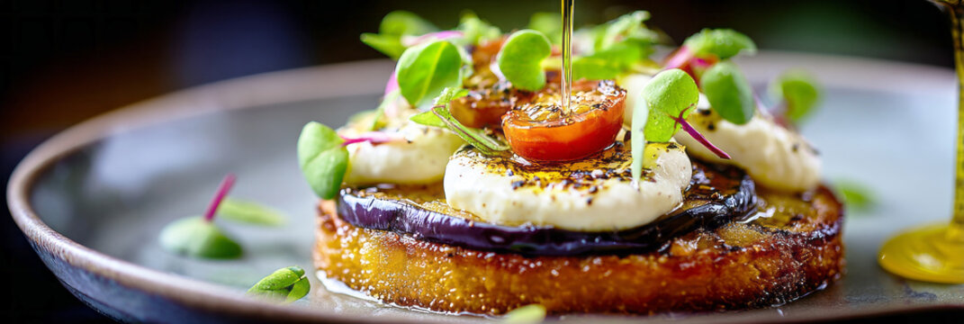 Eggplant and tomato pie with mozzarella served with olive oil at a local restaurant during dinner time