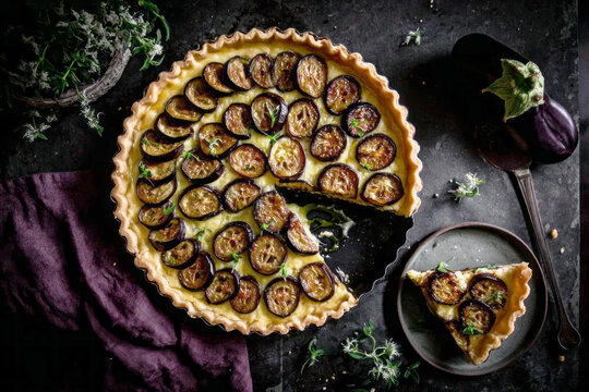 Eggplant, tomato, and mozzarella pie served with olive oil on a cooling rack in a kitchen setting