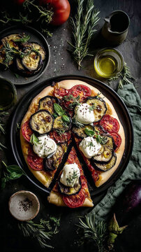 Eggplant, tomato, and mozzarella pie served with olive oil on a cooling rack in a kitchen setting