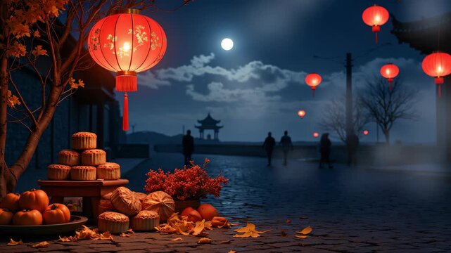 Warm lanterns glow above a misty night street. Red lanterns hang high against a pale moon. People stroll past autumnal trees and pumpkins. Display of round cakes sits beside fallen leaves