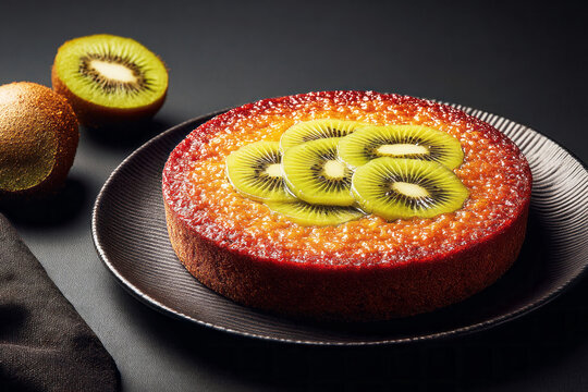 Kiwi and mint pie on a black plate served with thin cookie slices and fresh kiwi fruit on the side