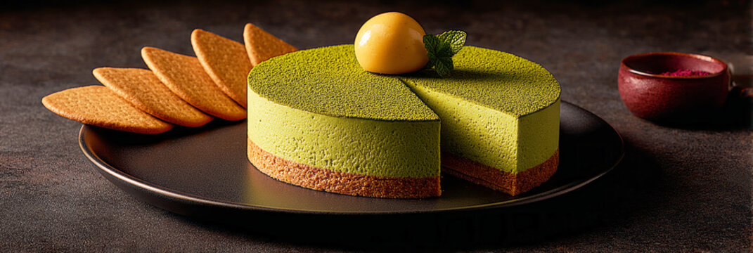 A round kiwi and mint pie sits on a black plate. Thin slices of cookie accompany the pie. Fresh kiwis are placed nearby. The setting is simple and modern, focusing on the dessert