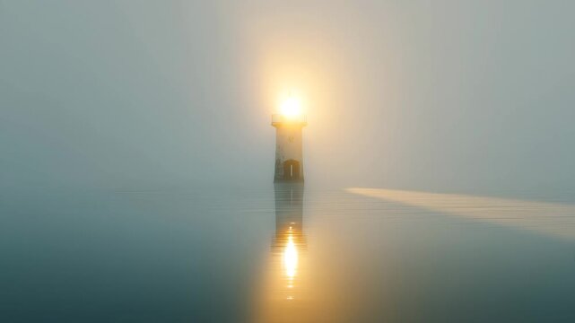 Glowing Lighthouse in Dense Fog Over Calm Ocean Waters