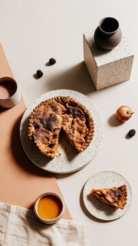 A layered apple pie sits on a round plate with a slice cut out. The dough is visible around the caramelized fruit. The setting features warm light that highlights the textures of the pie