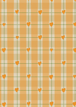 Cute orange and yellow plaid seamless pattern background with hand drawn hearts and green dotted lines. Perfect for wrapping paper, textile design, scrapbook, and aesthetic decor.