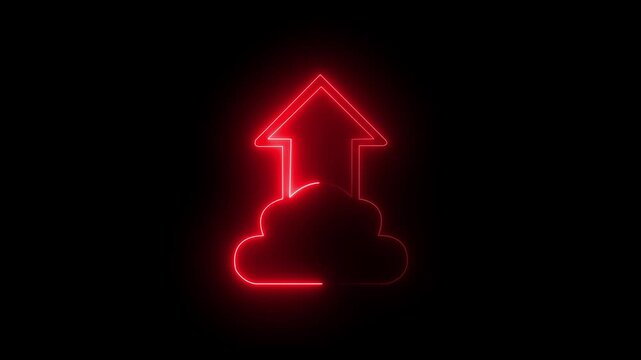 Red Neon Cloud Upload Icon Glowing on Black Background symbol technology