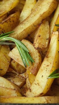 Closeup vertical shot of baked potatoes with rosemary. Food background