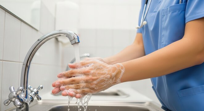 Medical professional in blue scrubs thoroughly washing hands with soap and running water in a sink, emphasizing hygiene and infection control.