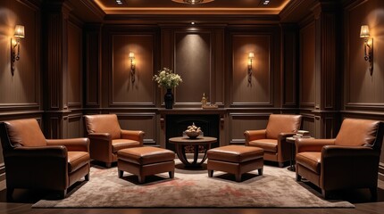 Interior sofisticado de un salón de puros con sillones de cuero, acabados en madera oscura e iluminación ambiental © Leonardo