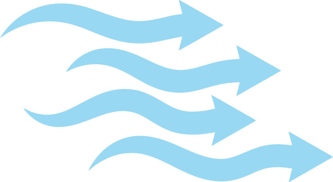 Blue wind arrows vector, flowing air current icons, wavy breeze symbols