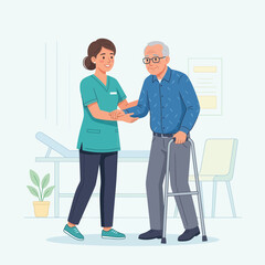 Obraz premium Caring Nurse Assists Elderly Man with Walker in Medical Clinic