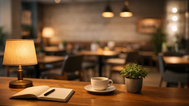A cozy modern workspace setup with a notebook, laptop, coffee cup, and warm ambient lighting, ideal for productivity, remote work, and creative focus.