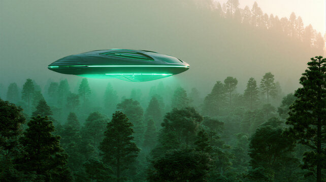Futuristic spaceship hovering above a foggy forest landscape. Unidentified flying object with green light in the sky. Advanced alien technology and science fiction exploration concept.
