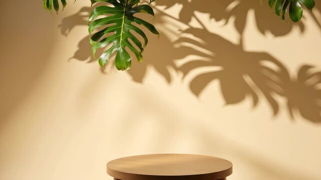 Soft light casts green leaf shadows on a warm wall. Round wooden podium sits below. Monstera leaves hang above, casting dappled patterns. The scene feels calm and inviting