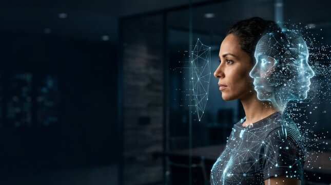 A woman faces a digital hologram display with a virtual human face, suggesting AI technology.