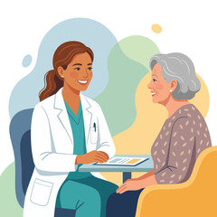 Obraz premium Diverse doctor consults with smiling elderly patient in a modern, friendly medical setting