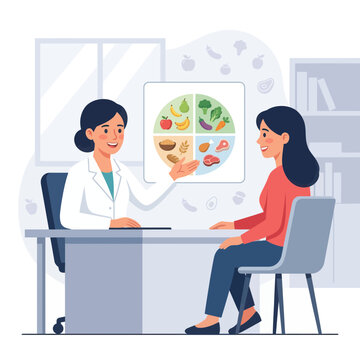 Dietitian consults patient showing food groups chart for healthy eating plan and nutrition advice
