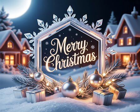 Festive Merry Christmas sign adorned with snowflakes surrounded by gifts and ornaments in a snowy village setting with warm house lights