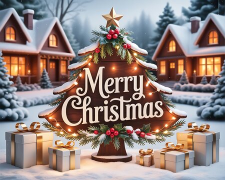 Festive Merry Christmas wooden sign adorned with lights and greenery surrounded by snow covered houses and gifts