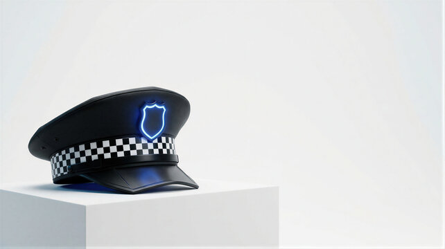 Police officer cap with glowing neon shield emblem on white background. Hitech law enforcement equipment and modern security technology concept. Future smart police headwear gear design.