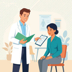 Fototapeta premium Doctor Consulting Patient in Clinic, Discussing Medical Records and Health Check-up