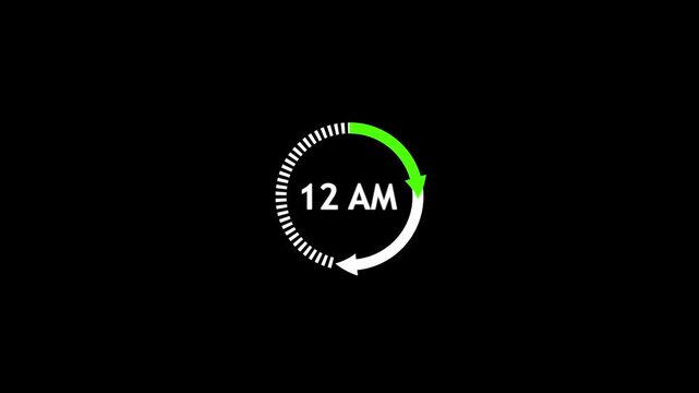 Minimalist analog clock showing midnight 12 a m time with glowing green second hand and white