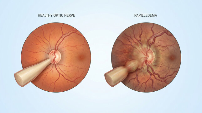 Papilledema Optic Disc Swelling vs Healthy Optic Nerve Comparison
