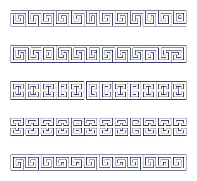 Conjunto de cinco patrones decorativos de borde de greca griega en azul
