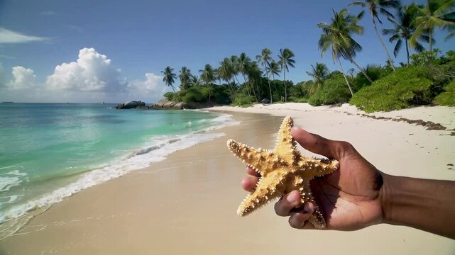 Holding a starfish on a beach with clear water and palm trees in the background