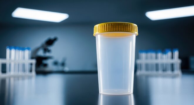Medical specimen cup with yellow lid in laboratory, surrounded by test tubes and microscope, representing diagnostics and scientific research