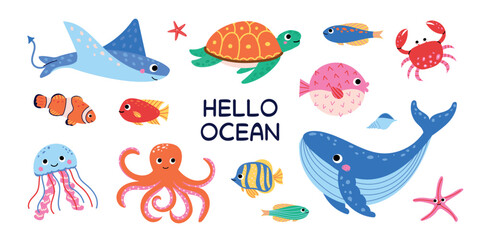 Fototapeta premium Cute sea animals collection with whale, shark, turtle, octopus, jellyfish, fish, crab and starfish. Ocean life vector set. Isolated on white background.